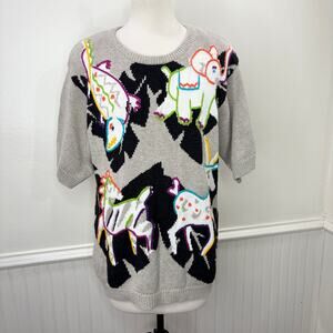 Vintage Size S Safari Animal Sweater Linen Blend Embroidered Knit Colorful Boxy